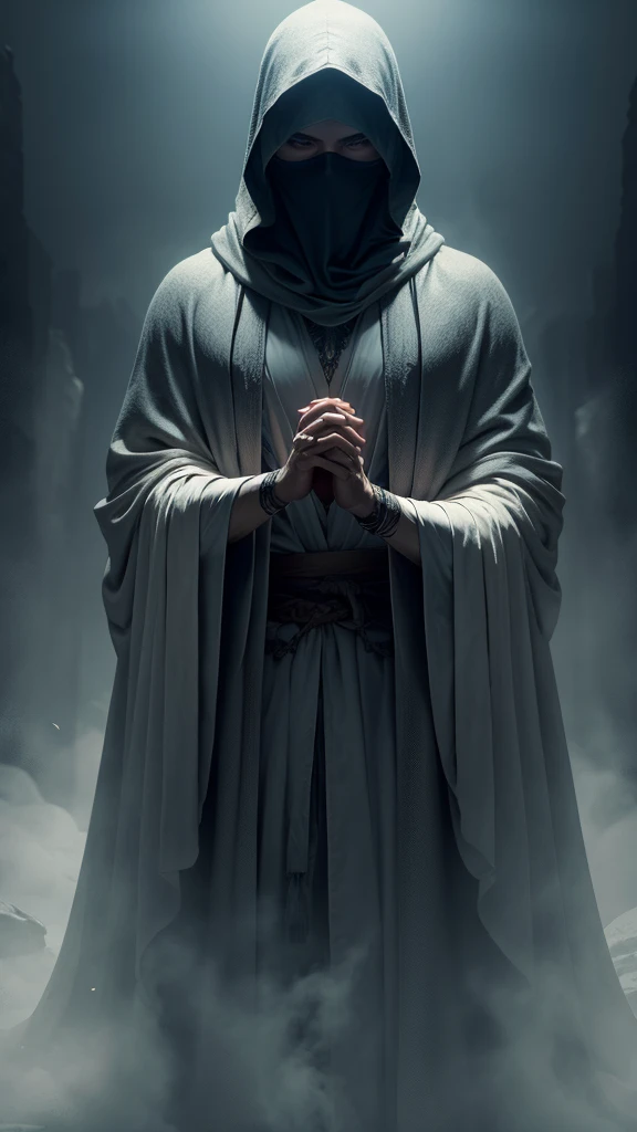 a hooded figure in pale flowing robes,shrouded in mist and fog,mysterious and enigmatic presence,face entirely shadowed,heavy intricately draped robe,ancient fabric,one hand extended,hinting at invitation,hazy smoky atmosphere,deep blues and grays,ethereal...