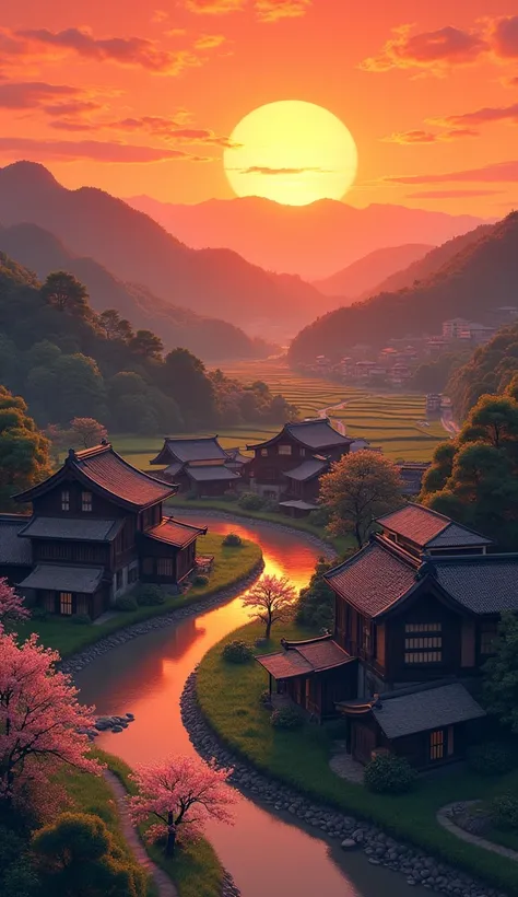 Japanese village with orange sky and sunset