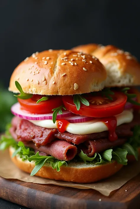 create artisanal snack Prime Salame Special Brioche Bread + Beef + tomato + red onion + pink sauce + salami + mozzarella + arugula
