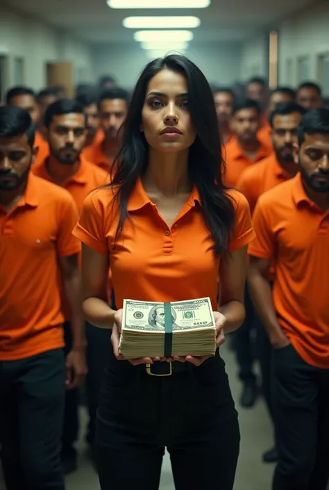 100 Men with polo orange t-shirt  and black pant suffer while looking at 1 india women boss holding 1 milion dollar cash 