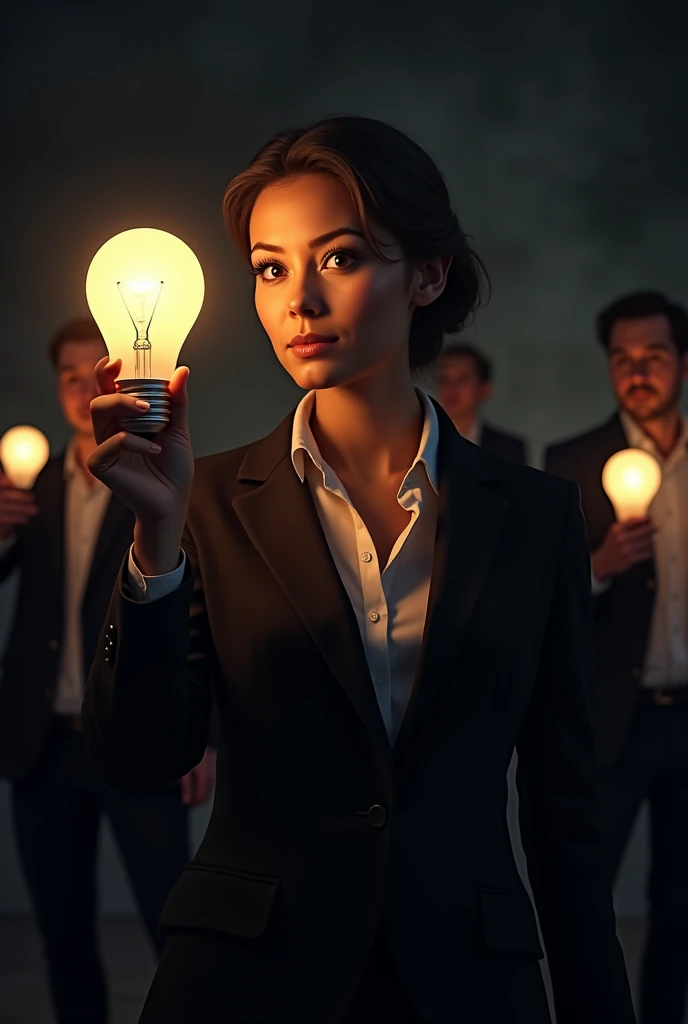 A businesswoman holding a lit light bulb in a dark room, symbolizing an innovative idea. No fundo, other people hold unlit lamps, representing the lack of innovation.

