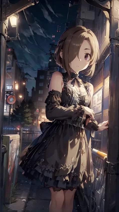 masterpiece, Best Quality, High resolution, Very detailed,(((Alice Tachibana))), (((Standing at a distance))), (((fence))), (((Around town))), (((night))), (((Black Dress))), (((bus stop))), (((roof))), (((One girl))), (((solo))), (((Blonde))), (((Brown Ha...