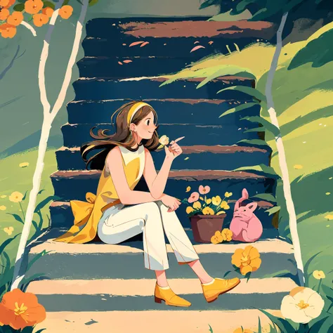 1 girl, solo, stairs, long hair, brown hair, plant, shirt, bird, sleeveless shirt, yellow footwear, sleeveless, sitting, white trousers, skirt, flower, smile, white skirt, orange footwear, leaves, black eyes, wide shot, shoe, pink flower, trousers, blush, ...