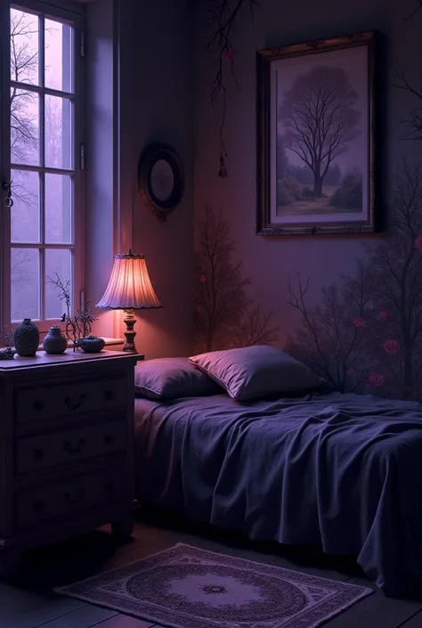 there is a frontal direct picture of a night stand, pagan witch bedroom, inside a wiccan bedroom, gloomy dark lighting, half lit room, decoration around the room, gloomy light masterpiece, dim ambient lighting, forest themed, rectangular picture frame on t...