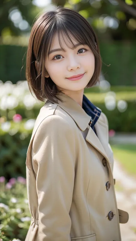 Best Quality, Realistic, Very detailed, finely, High resolution, 8K wallpaper, Cinema Lighting、1 person、cute Japanese girl、2、Black Short Hair、Wearing a khaki mod coat、 (Blurred Background、noon、garden、Natural Light)、Sharp focus, Perfect dynamic composition,...