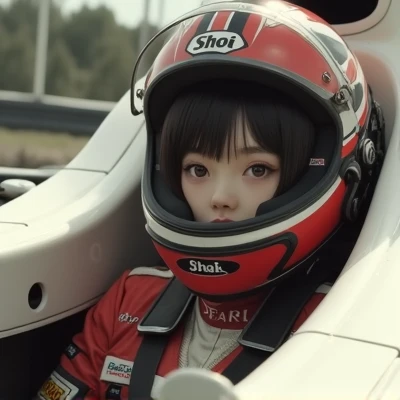 1girl is wearing F1 helmet, (((Shoei Pearls))), circuit, (sitting in the F1 cockpit), Japanese girl,  beautiful, Black hair, (((racing helmet))), (((Full-face helmet:2.0))), ((covered mouth)), covered nose, (((very small face area))), cumshot suit, ((helme...