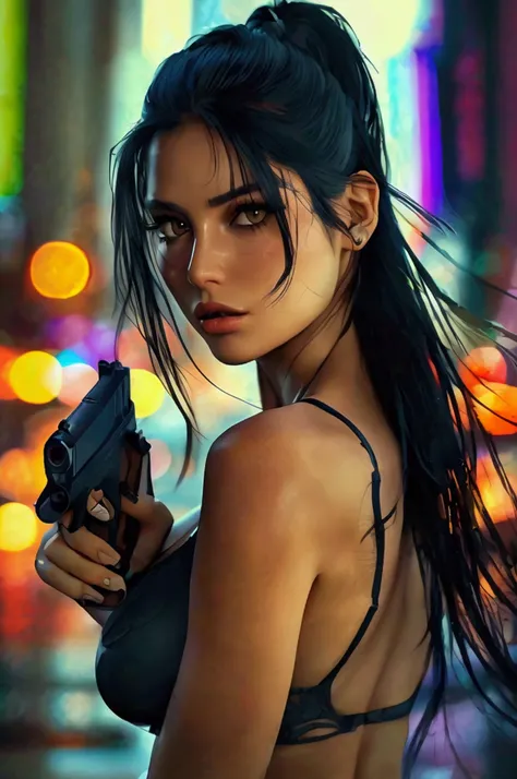 ultra realistic, photography, long black straight hair in a ponytail, elegant hair, (30 years old, hazel eyes, hourglass figure, perfect fit body, natural big breasts), serious look, femme fatale, long eyelashes, cat-eye make-up, she is from the NYPD and h...