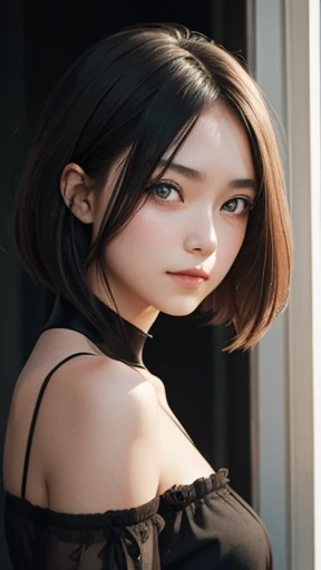 a girl who has short, beautiful shoulder-length hair and eyes that have the impression of a sharp gaze and has a cheeky and indifferent facial gesture