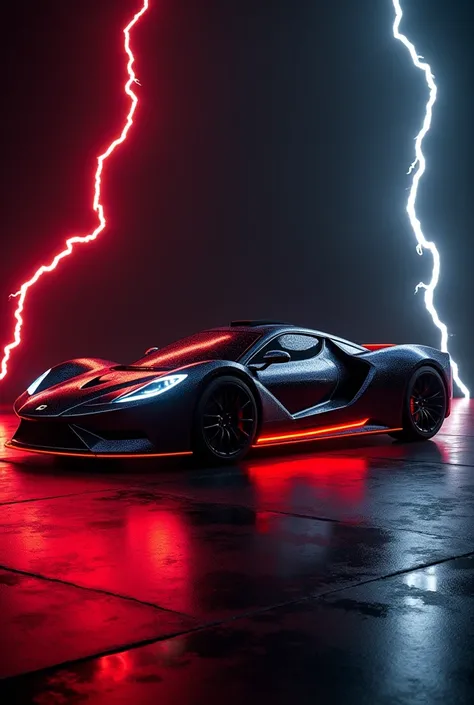 Create a sports car , like a lightning logo,  black with red neon lights underneath, on a black background with thunder and lightning in the foreground