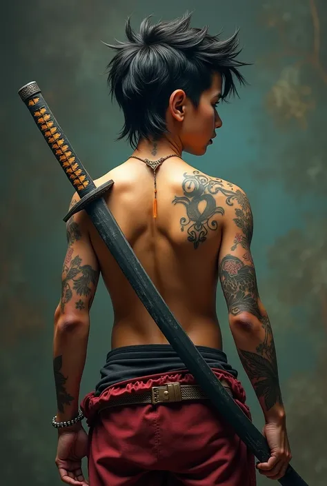 Create an image of a young Brazilian, hairstyle runs social between 18 and 20 years old turned back with a samurai sword and with some tattoos on the right arm 
