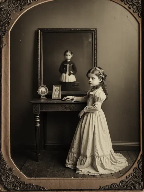 Antique photo of an eerie little victorian princess in a photography studio, vintage vibes, melancholic atmosphere 