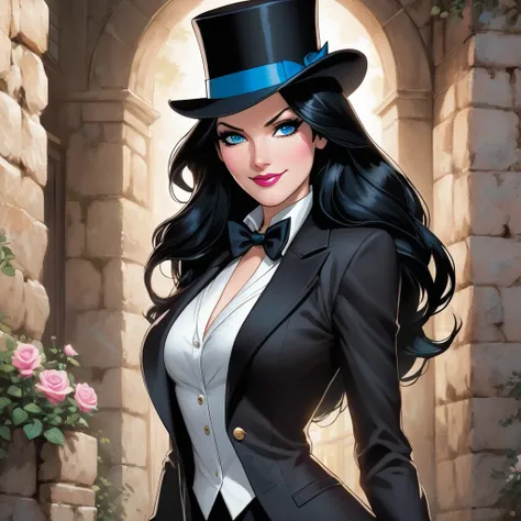 




"Generate a high-definition anime-style image of Zatanna from DC Comics, depicted from head to waist. The character has long, black hair, blue eyes, and a confident smile. She is wearing a classic magicians outfit, including a black top hat, a white b...