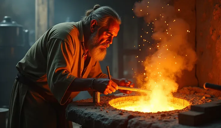 A silver refiner working over a blazing fire, carefully removing impurities from molten silver, symbolizing God purifying His people. The fire glows intensely in contrast to the cool silver. ar 16:9
