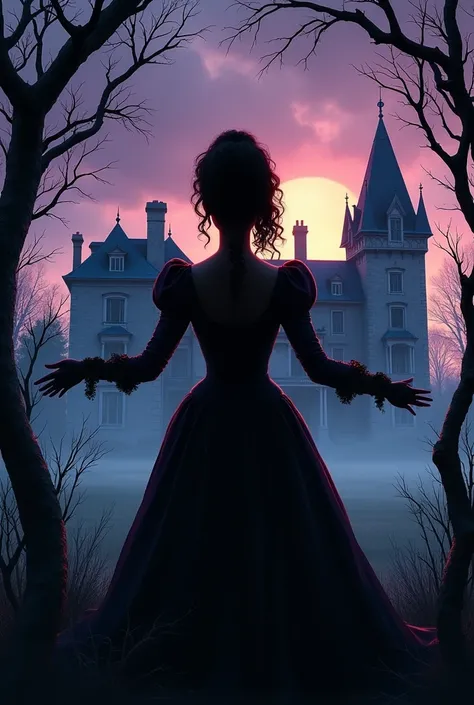 Create a cover for a period romance novel in shades of purple and dark blue. Featuring a silhouette of a fearless lady in front of an abandoned mansion. And around the cover black thorn branches