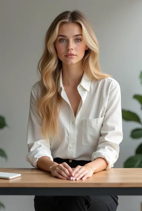 Blonde 2 long hair wearing a button down shirt and black leggings. sitting at the work desk