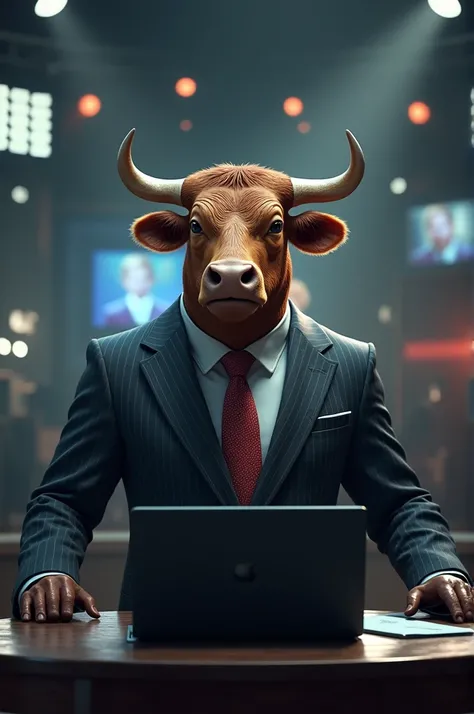 A bull wearing suit and reporting news