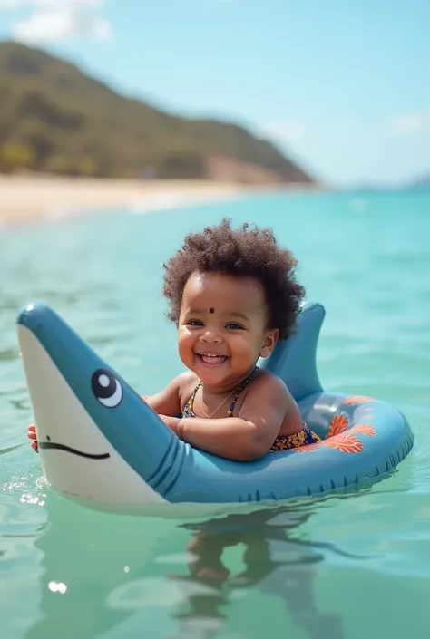 a cute afro baby smiling, he is on a buoy in the water at the beach, the inflatable buoy is a cute plastic shark. Full body. photographed with a Canon EOS-1D X Mark III, 50mm f/1.4 lens