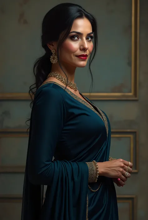 Design Veena Raichand in her mid-40s, standing sideways with a distinctly villainous and greedy expression. She wears a luxurious dark blue Indian outfit that radiates power and wealth. Her sharp, mature features are highlighted with a cold, calculating ga...