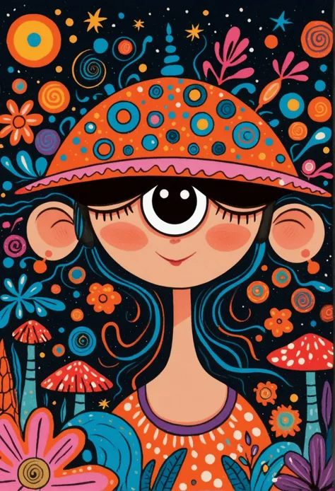 psychedelic artwork, large central eye with pink lashes, surrounded by cosmic elements, stars, planets, comets, fanciful pink and blue swirls, colorful coral reef, abstract plants and flowers, vibrant mushrooms with eye motifs, fish-like creatures, colorfu...