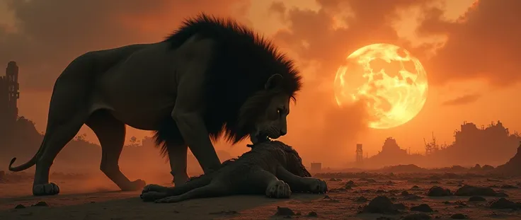 night、((Sandstorm、A dusty, ruined world))、Diverse Compositions、Scorching Heat、Burning Sun、Super Detail, Ultra-high resolution、Concept Art、far and near method、A black lion devouring the carcass of a herbivore、No humans needed、