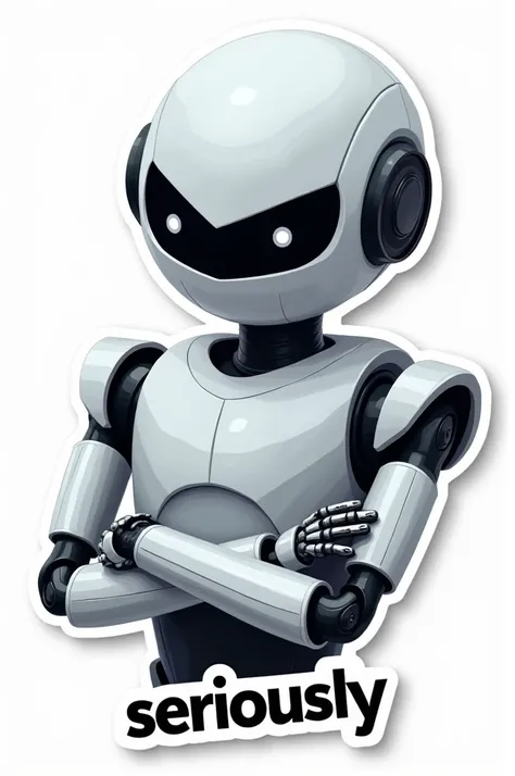 A robot sticker, arms folded, "seriously" written below, white background 