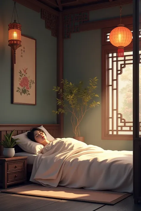 In a Chinese room ,with a person lying in bed