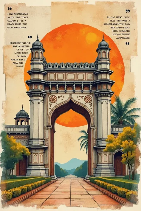 Handmade drawn Poster for awareness of  Aurangabad tourism gates with quotes and collage of papers 