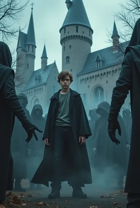 Boy age In 20 standing outside the Hogwarts, fighting dementors. Enemies are dangerous but the boy is strong