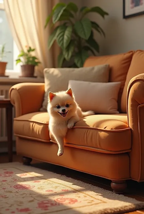 Small dog peeing in the corner of the sofa