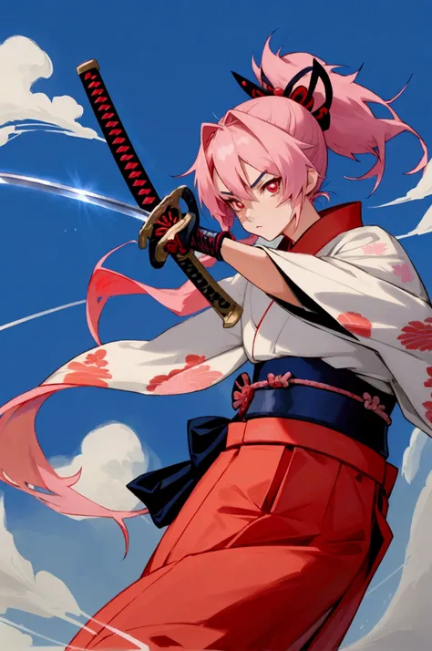 (Anime character wearing a Japanese kimono),( He has a sword in his left arm), 1 girl in, (Female anime samurai warrior fighting with sword on blue background with clouds),(Deep scarlet eyes), Alone,kimono. two ponytails, (kimono),Holding a gun, ((holding ...