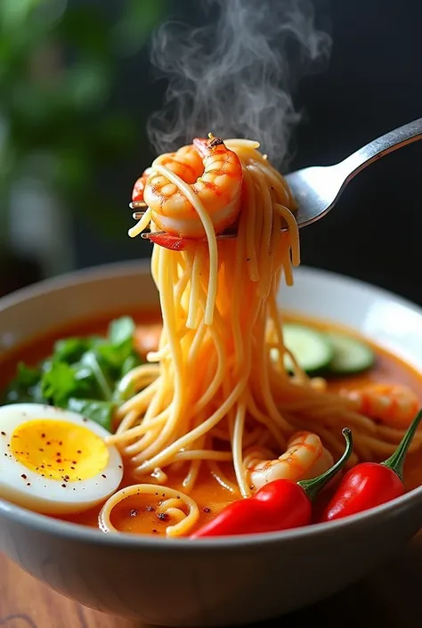 Create a realistic of bowl of asam laksa noodles, with prawn, red chilli, cucumber, salad, boiled egg,onion. far Photography. Make it clear shoot. Without blurr the image. Looks delicious . The noodles on the fork. Dont blur the image. FOCUS AT THE BOWL. M...