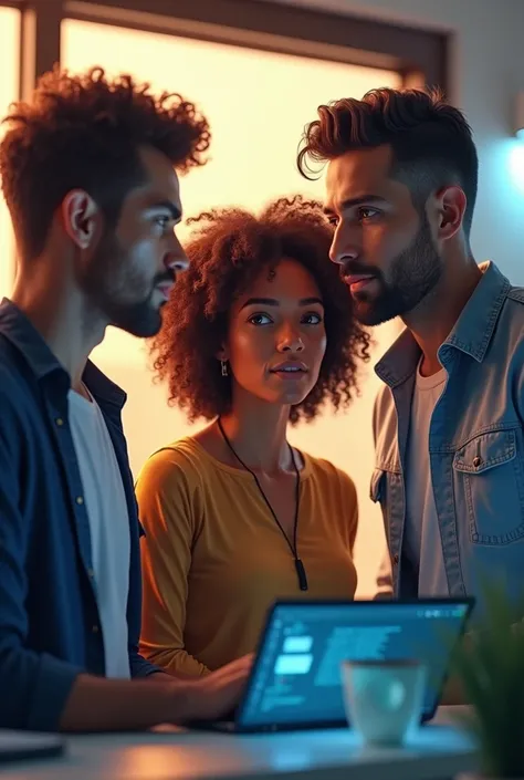 Create an image where there is a group of 3 people, two male and one female with curly hair., computer science theme 