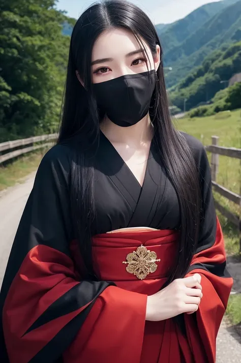 (Best Quality、masterpiece: 1.2)、Black Hair、Long Hair、ponytail、Covered head、Black eyes、A man with pale skin and red lips、Age unknown、sexy、A man smiling faintly、Detailed face and sharp jaw、sexyな男性、Attractive eyes、Perfect Face、Black kimono、Black wooden clogs、...