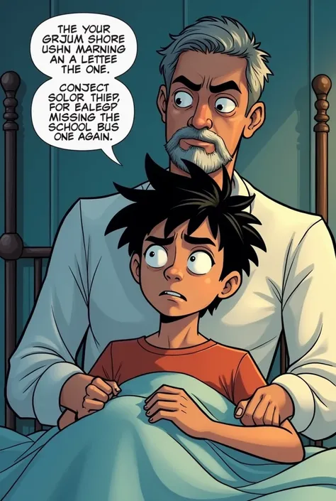 Panel 5:
● Visual: Arjun, half-sitting up, squints at his dad, still too tired to function, his hair a mess.
His blanket is now halfway off the bed.
● Arjun (groggily): “Huh? Wha...?”
● Dad (angrier): “You’ll miss the bus AGAIN!”