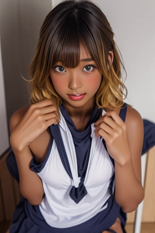 (((( one girl )))), Put your hand over your mouth、Beautiful breasts、 Brown eyes, ((Gal Hairstyles)) blonde, girl, (Eye and facial details:1.0), break, (masterpiece, Highest quality, Very detailed, Detailed face, 8k),( dark skin:2.05 ), (((( school swimsuit...