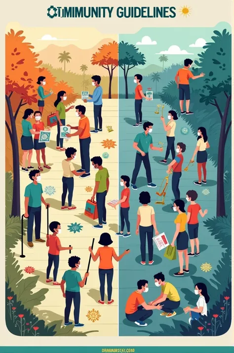 Sure! Here’s a concept for your poster:

### Title: **Follow the Rules for a Better Tomorrow!**

#### **Left Side: Following the Rules**
- **Image**: Diverse group of people wearing masks, maintaining social distance, or cleaning up a park.
- **Text**: “To...