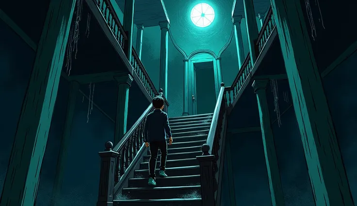 An old, wooden staircase in the mansion with steps creaking ominously, as Sahil walks carefully up them.. Night and horrar scene cartoon style 