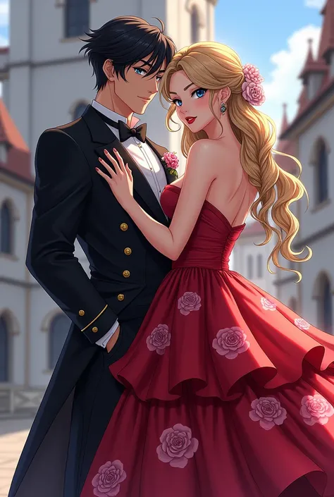 Darien( tuxedo mask)a light-skinned man, beautiful face, short black hair parted in the middle, letting a few strands fall over her blue eyes, with a muscular body and strong arms, Light skin dressed in his judicial police uniform and next to him serene a ...