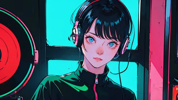 Beautiful Korean Women, One Woman, Black Hair, headphone, in the cafe, midnight tokyo, neon, window.Room turntable, In the style of neon realism, Charming character, action, Gadget Punk, solapunk, Colorful cityscape, Crimson and amber, Neon Black, Soft lig...