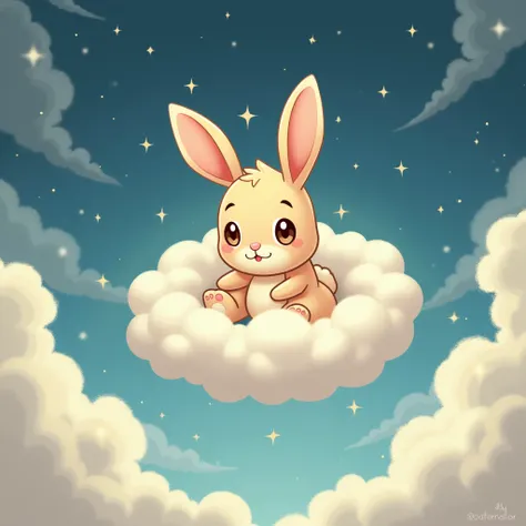 a cute bunny in a cloud over some stars framed by clouds on a wall, in the style of digital collage, dreamlike scenarios, animated gifs, ethereal dreamscapes, light brown and sky-blue, tarot card, eiichiro oda