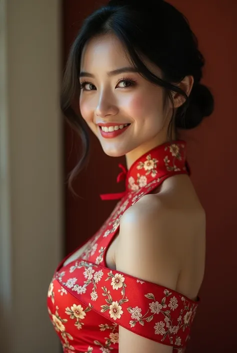 1, Big Breasts, Facing the camera, Smile, Wearing cheongsam, This is written on the cheongsam.pornhub.with