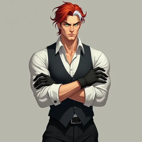 A slightly older red-haired man with a white lock of hair in front, Her hair is medium long, has heterochromia, the right eye is green and the left eye is red, His expression is serious. He wears a white button-down shirt and vest along with black dress pa...