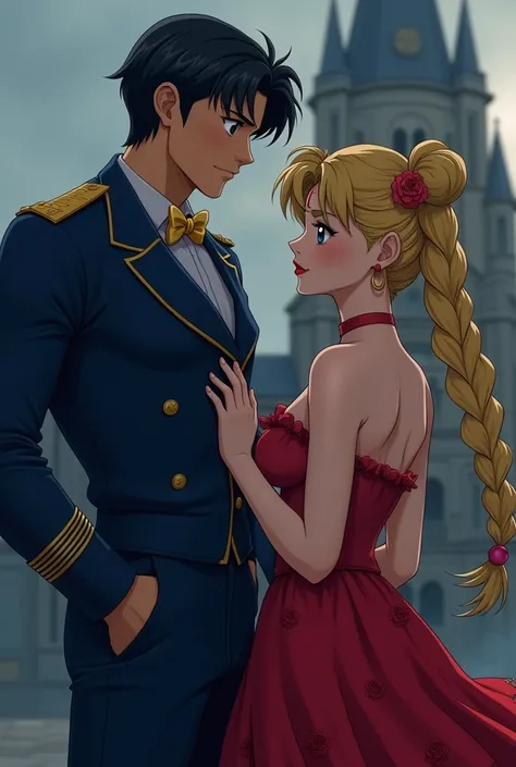 Darien( tuxedo mask)a light-skinned man, beautiful face, short black hair parted in the middle, letting a few strands fall over her blue eyes, with a muscular body and strong arms, Light skin dressed in his blue judicial police uniform with medals on the s...