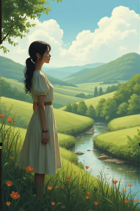 give me a picture of a girl in the countryside standing in thought