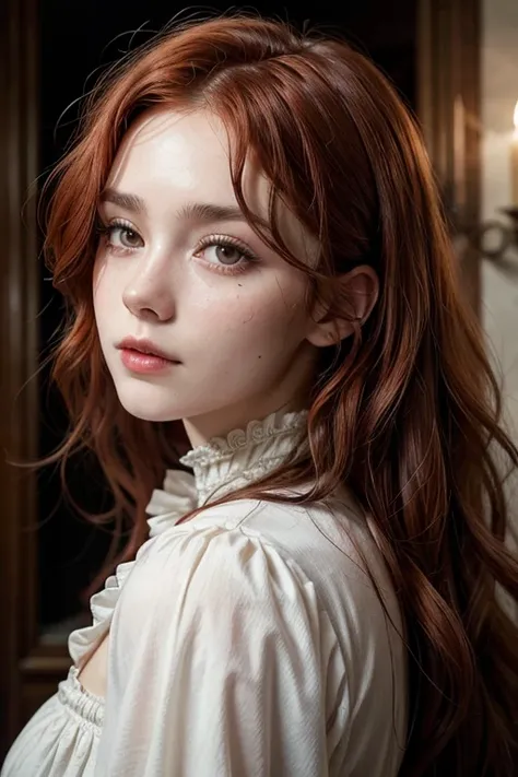 beautiful woman with red, curly hair and scars on the left side of her face, wearing bloody white clothes from the Victorian era,  in a medieval castle