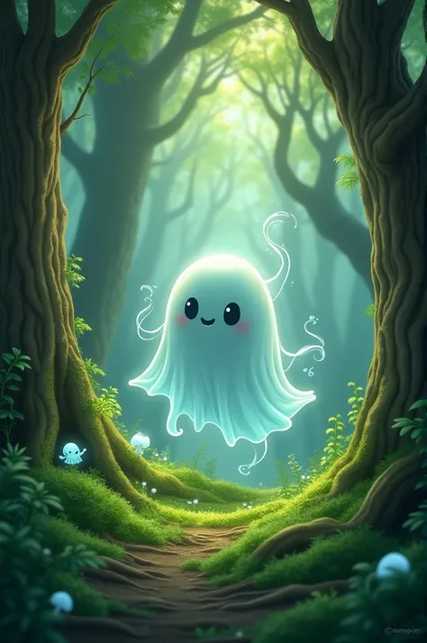 Cute little ghost in the green forest