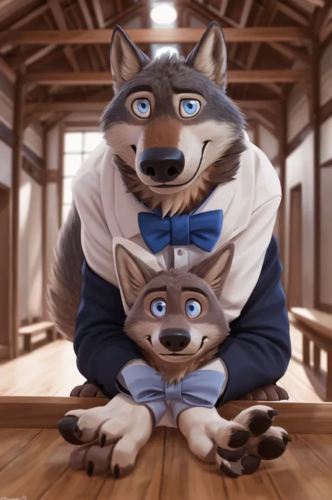 Larry (Zootopia), wolf, gray fur, (brown body:1.3), beautiful blue eyes, Zootopia, dressed,white jacket, pink shirt,White pants,burgundy bow tie,canine,wolf, detailed fur, Male, second, paw pads, finger claws,wears a bow tie, games,At the viewer, 5 fingers...