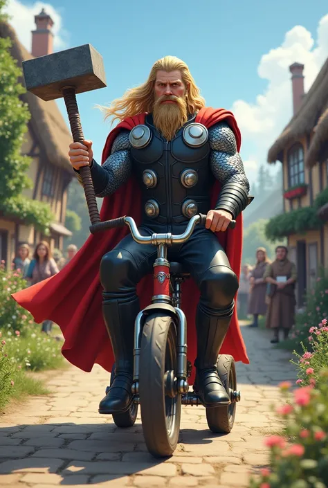 Thor riding a tricycle at a village road junction in 4k detail