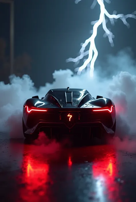 Create a sports car , like a lightning logo,  black with red lights underneath, on a black background with thunder and lightning and smoke in the rear angle shot 