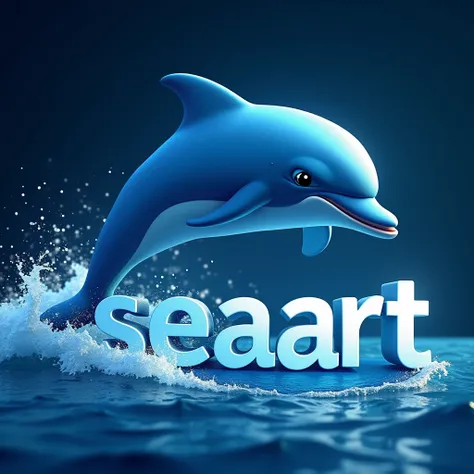 /image type=(mascot) , /person=(vibrant blue dolphin integrated into the SeaArt logo, cheerful and curious facial expression, dynamic pose jumping over waves) , /scenary=(navy blue background with shiny waves and sunlight reflected in the water) , /camera ...